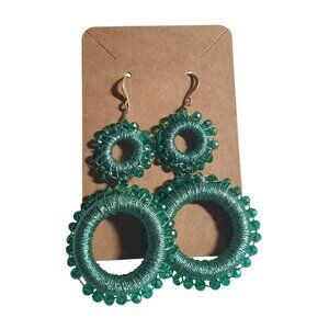 Handcrafted Green Beaded Circular Drop Earrings Statement Jewelry Dangle Style